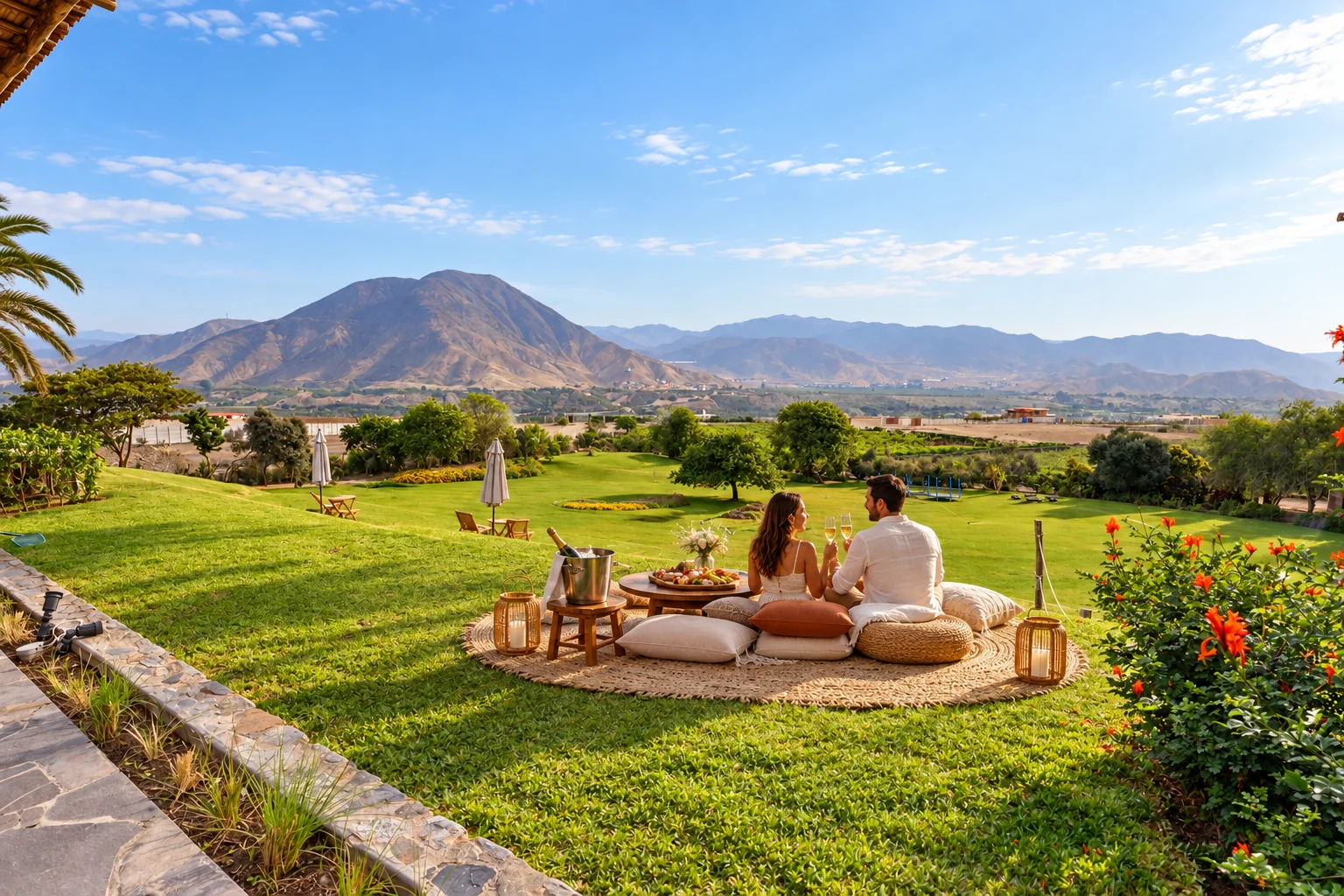Pareja disfrutando de un picnic en los jardines con vista al valle de Azpitia